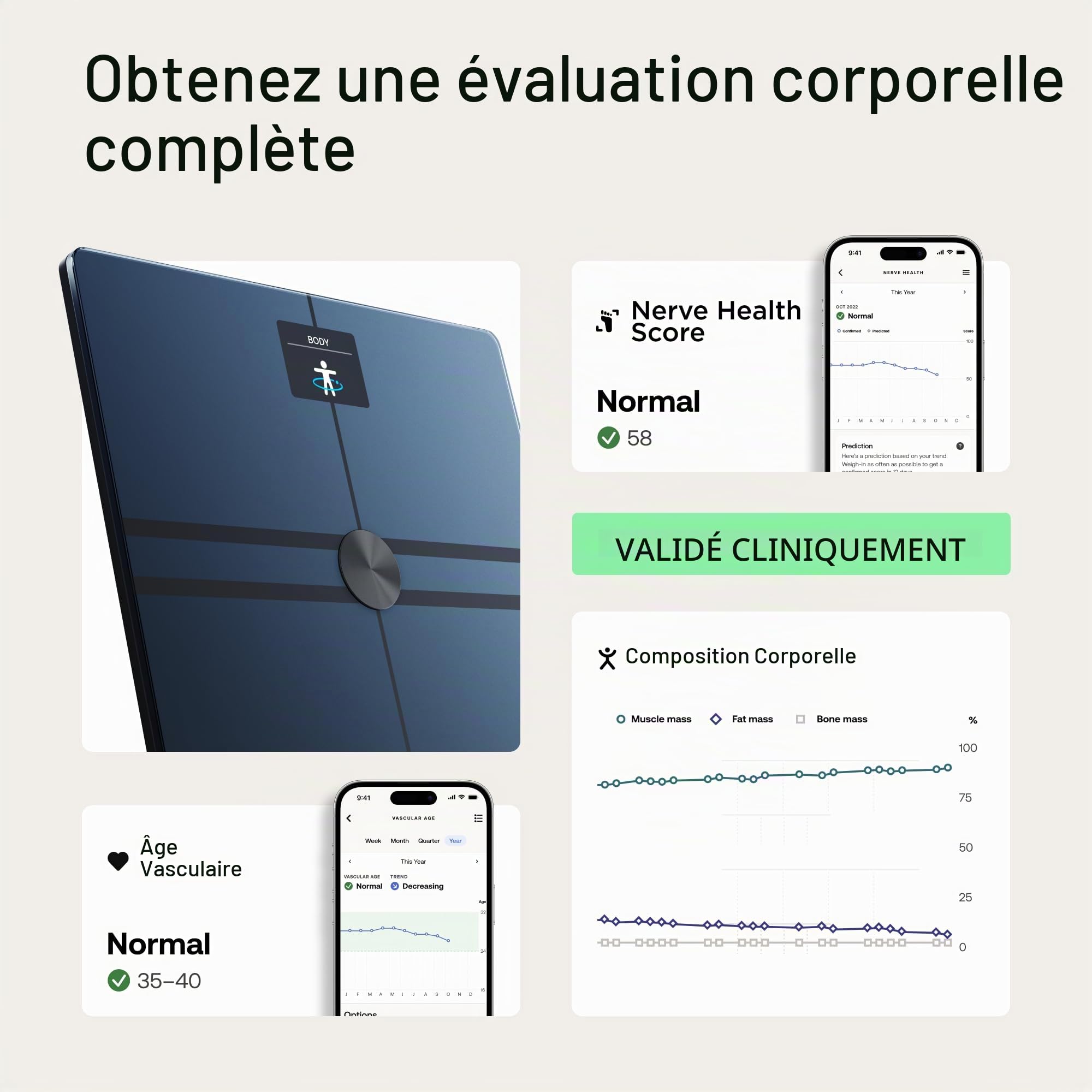 WITHINGS Body Comp + Cleaning Kit – Balance connectée validée cliniquement, Wi-FI & Bluetooth, Analyse corporelle (Graisse viscérale, Muscle, Eau), santé cardiovasculaire & nerveuse, ECG