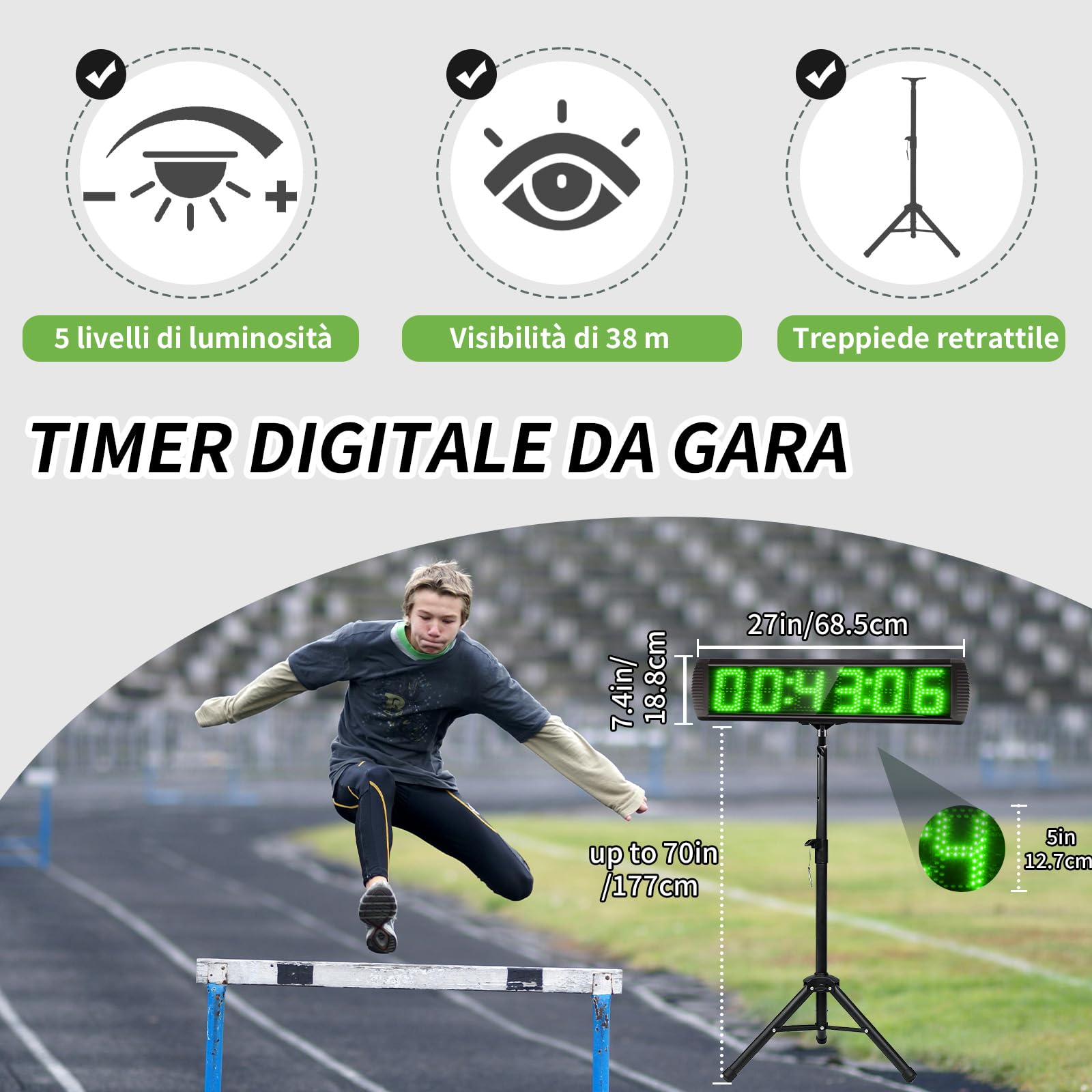 LUCKY TIME Orologio da corsa, ampio display da 5 pollici, timer da corsa con telecomando e pulsante esterno, display LED con funzione contatore fino a 999999 per palestra, pista, gare, all'aria