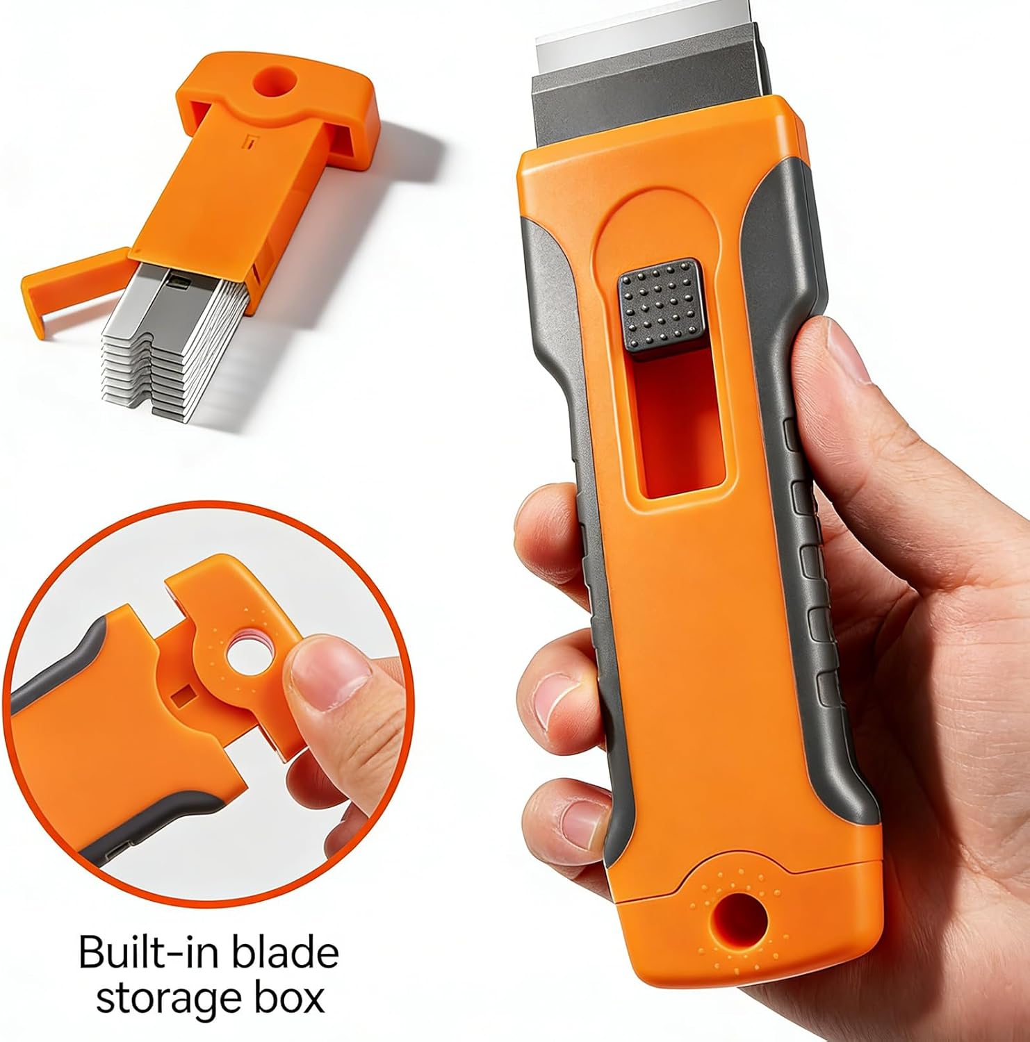 Retractable Razor Blade Scraper Tool, Multi-Surface Scraper with 10 Metal Blades for Glass Stove Top & Windows Cleaning, Orange