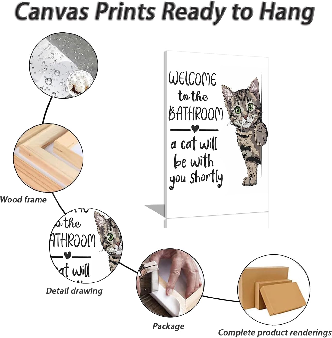 HNNXAR Funny Cat Bathroom Wall Art,Welcome To The Bathroom A Cat Will Be With You Shortly Paintings Posters,Black and White Funny Animal Canvas Pictures Prints Wall Decor 16x24in Framed