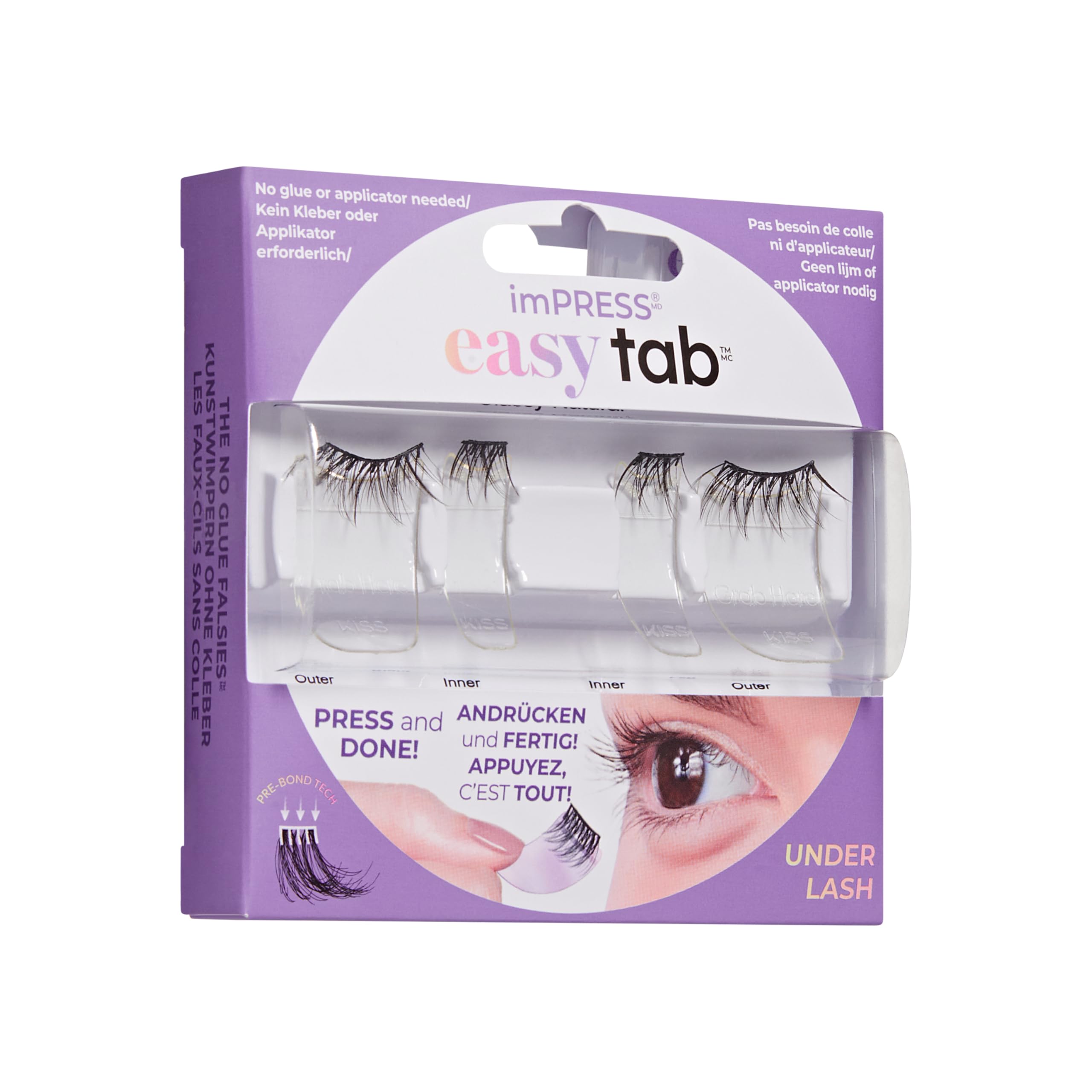 KISS imPRESS Press-On Falsies EASY TAB selbstklebende Wimpern, Schwarz, 'Classy Natural', 1 Paar 6mm-7mm innere natürliche Volumen-Wimperncluster & 1 Paar 6mm-10mm äußere halbe Wimpern mit Easy Tabs