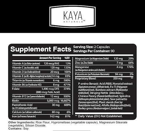 Miniatura 2 de Kaya Naturals Cápsulas de uñas para el cabello y la piel BIOTINA Vitamina D Vitamina B-12 A Soporte de ácido fólico, suplemento vitamínico de apoyo