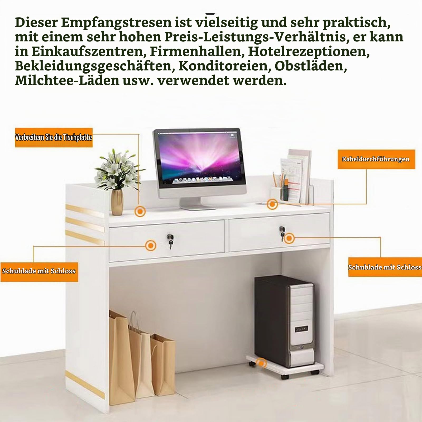 Generisch Empfangstresen, Holz-Theke für Kasse & Einzelhandel, Rezeption mit 2 verschließbaren Schubladen, goldene Zierleisten, für Büro Boutique Spa (Weiß)