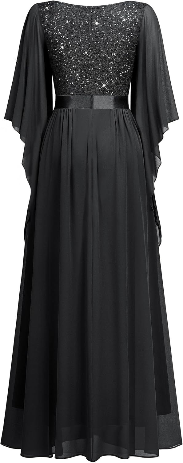 Miusol Women's Deep-V Neck Lace Contrast Sequin 3/4 Sleeve Formal Evening Maxi Dress - Image 5