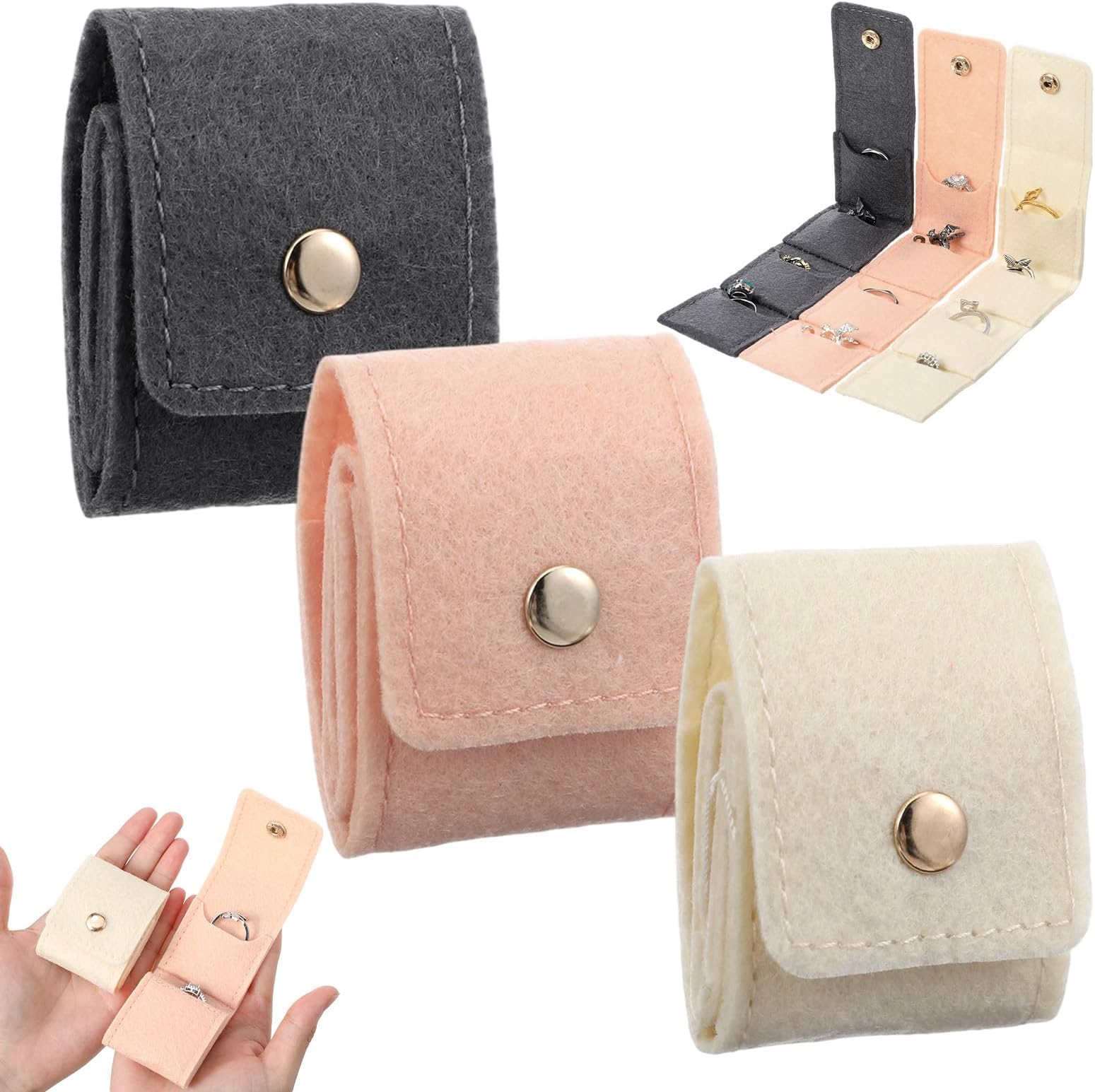 ミニトラベルジュエリーバッグ、バックル付きミニトラベルジュエリーロールバッグ、折りたたみ式&ポータブルジュエリーオーガナイザーポーチ、ネックレス、リング、イヤリング用の複数のコンパートメント付き(ベージュ、ブラック、ピンク)