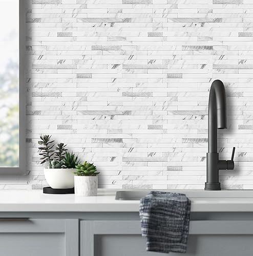 Miniatura 8 de AULIGET 20 hojas de piedra sintética para despegar y pegar, azulejos de pared de PVC con aspecto de mármol blanco para salpicaduras para cocina