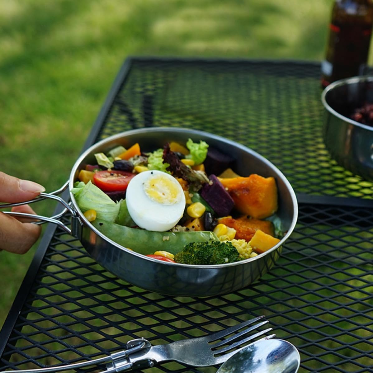 Portable Stainless Steel Folding Dinnerware Set 5pcs with Saucepan and Bowls, Easy Storage Outdoor Tableware for Camping, BBQ, Hiking, and Travel