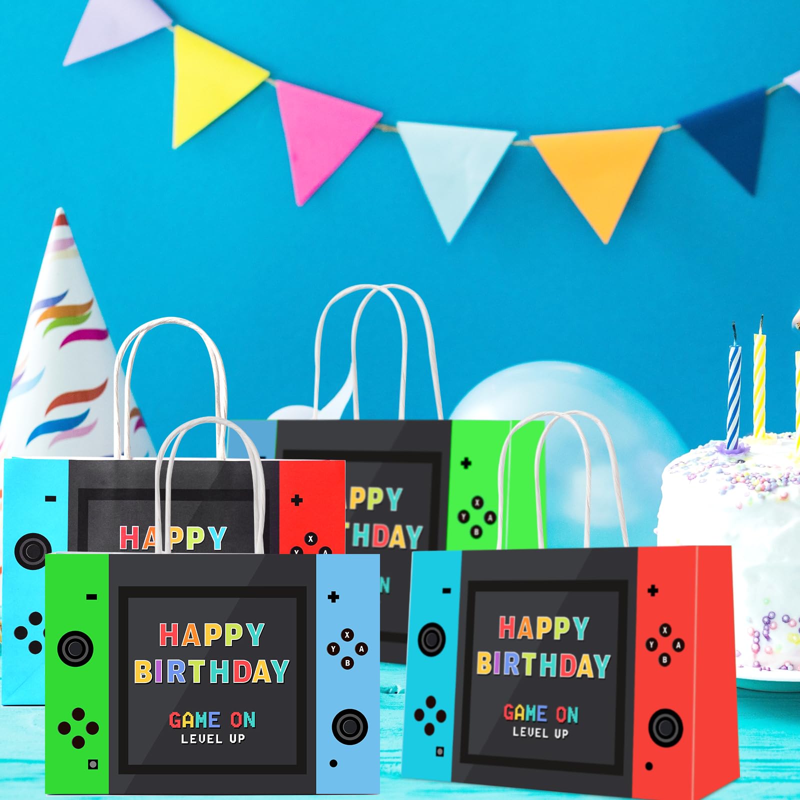 JOCOPUERTO Bolsas de regalo de fiesta de videojuegos, bolsas de regalo de papel kraft con temática de juegos, 16 piezas, suministros de fiesta de cumpleaños