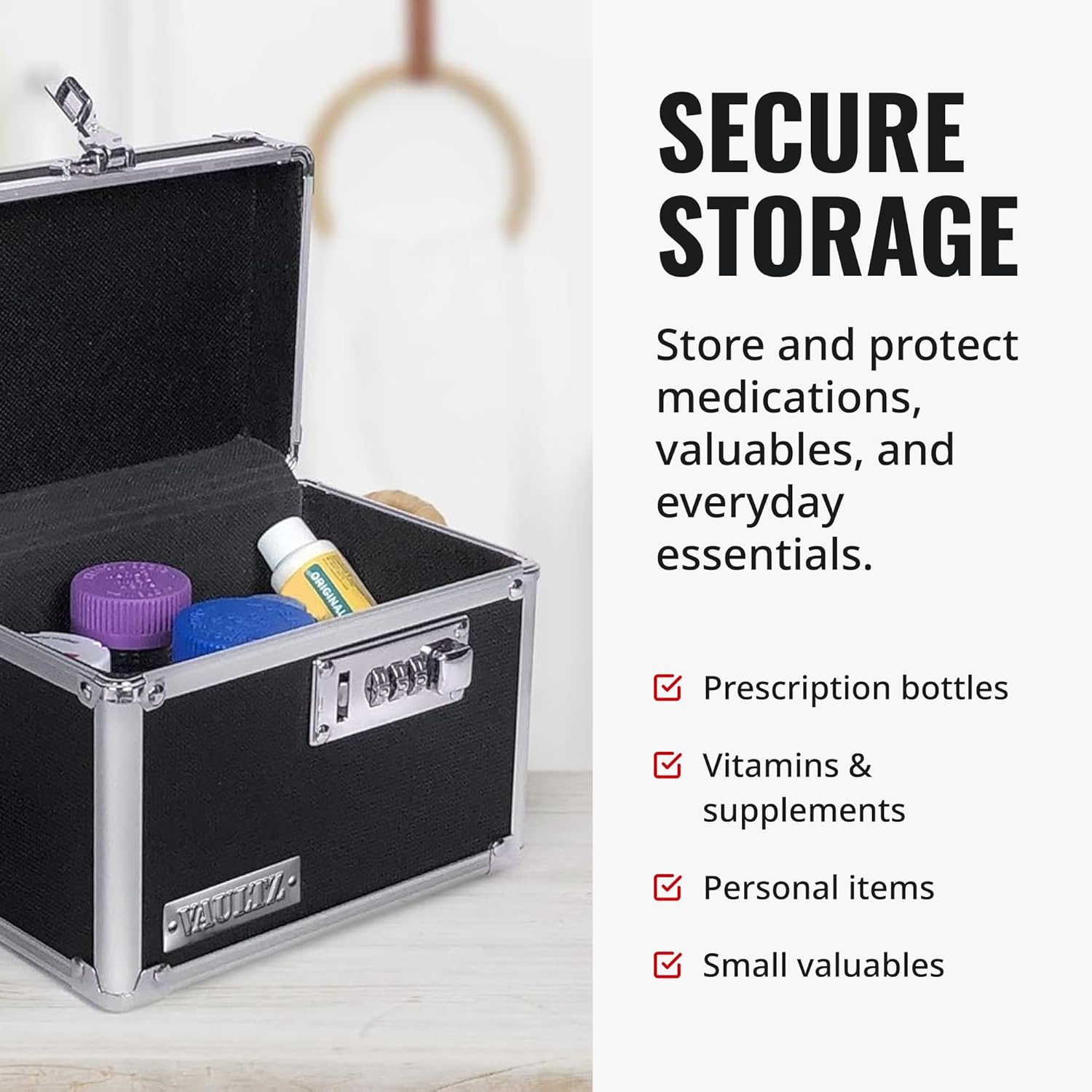 Vaultz Locking Medicine Box with Combination Lock - Secure Metal Lock Box Safe for Medication, Pills & Valuables, Small Lockbox with Code, Portable Storage Case, Black