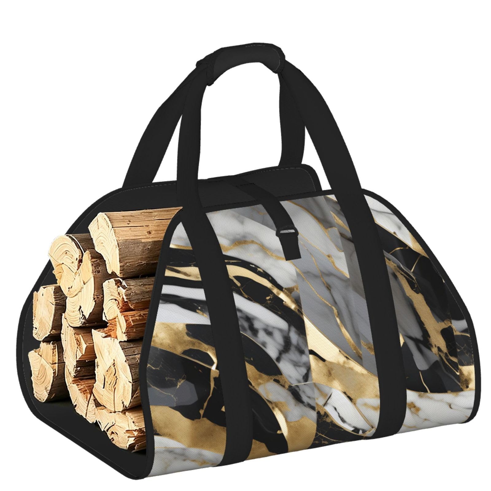 Ayyqwe Black Luxury Marble Print Firewood Bag Wood Waterproof Versatile Camping Picnic Storage Daily Home