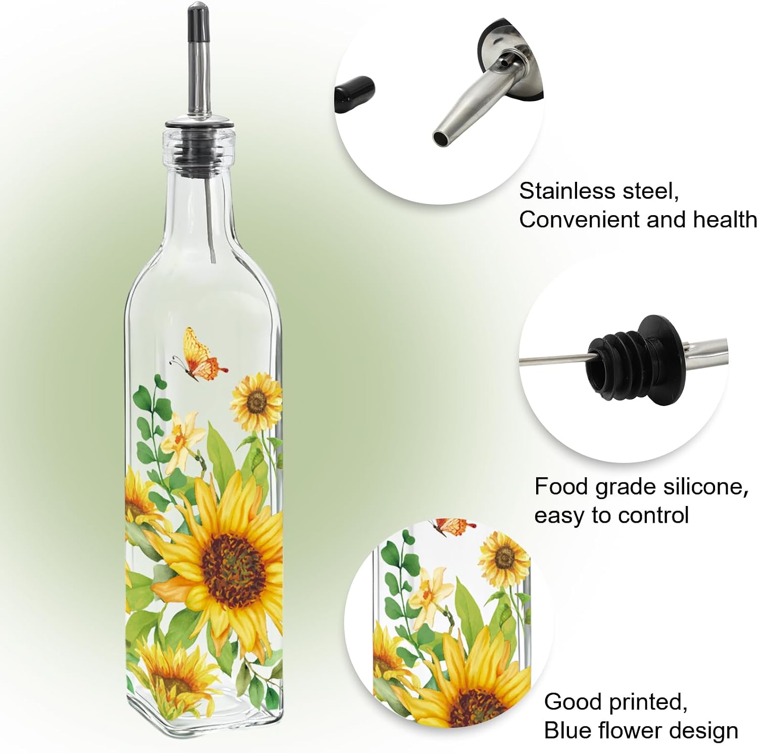 JarThenaAMCS 17 Oz Sunflower Olive Oil Dispenser Bottle Glass Cruet Bottle with Spout Yellow Floral Butterfly Cooking Vinegar Container for Summer Home Kitchen Table Countertop Decor