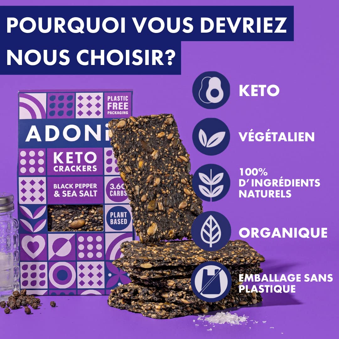 Craquantes Adonis Keto Olive et Graines de Chia (lot de 10 cracker de 60g) | Végétalien et Keto l 100% Naturel (Poivre Noir & Sel Marin)