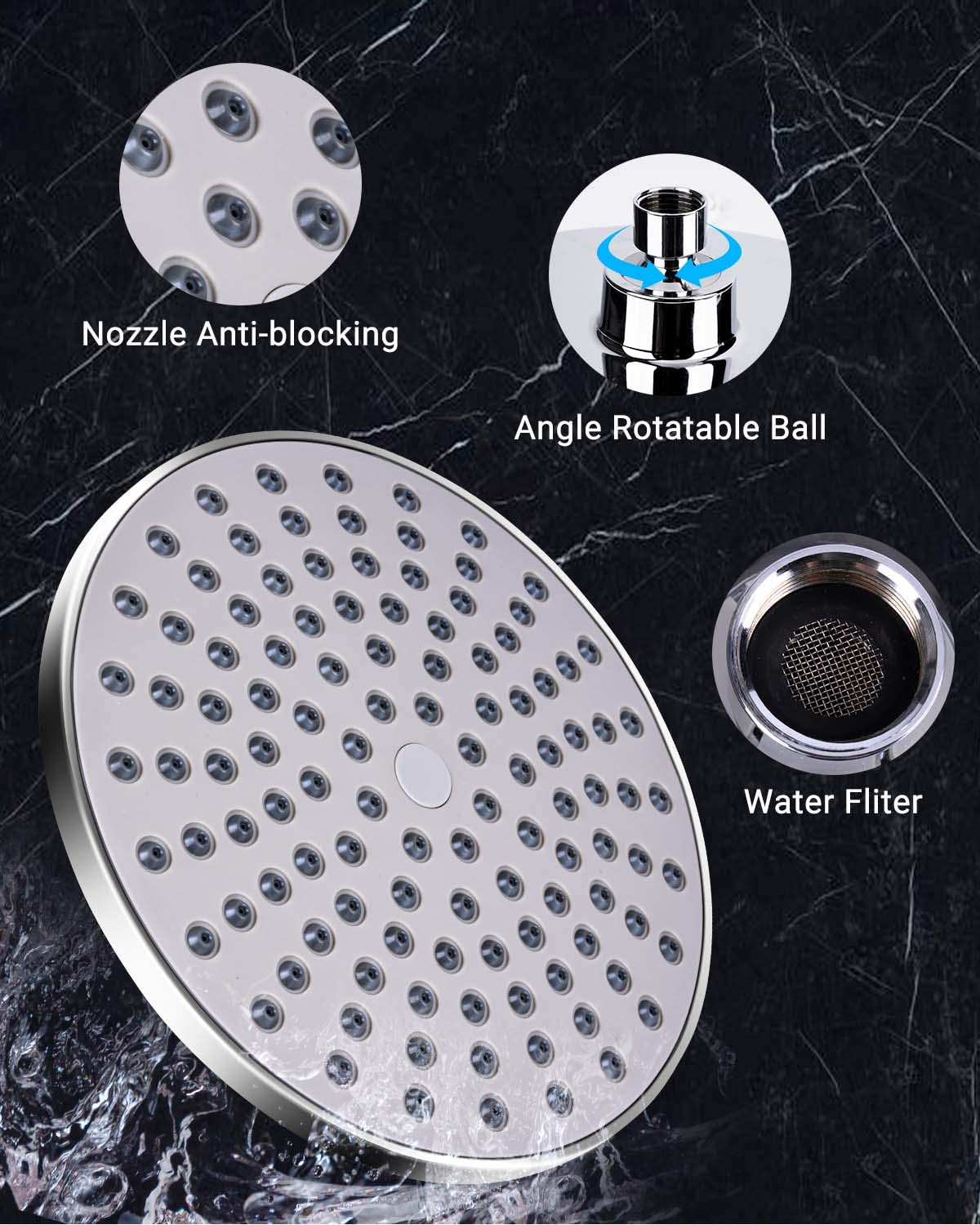 Cabezal de ducha de lluvia de alta presión de 8 pulgadas y cabezales de ducha de mano, con manguera de 60 pulgadas, sin perforaciones, doble potente rociador de ducha desmontable con soporte, cromado