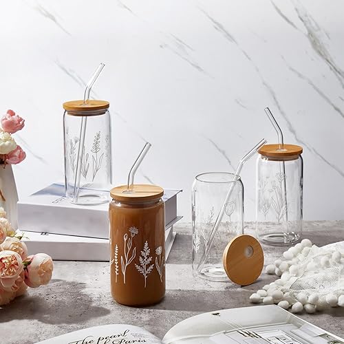 Miniatura 4 de Zubebe 8 vasos de cerveza con diseño de flores silvestres con tapas y vasos florales de pajita, taza de café helado bohemia, lindo vaso de café