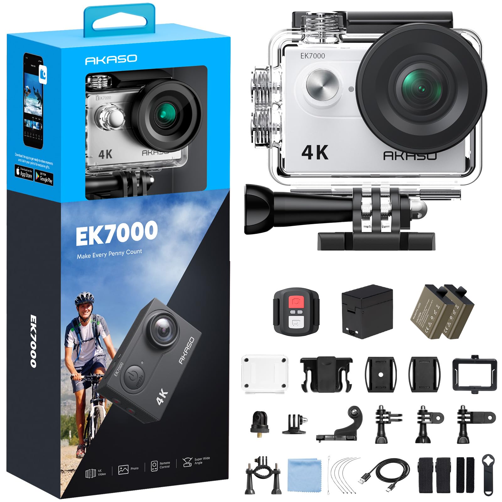 AKASO EK7000 Action Cam 4K 30FPS, WiFi 20MP Fotocamera Subacquea 30M, Videocamera Stabilizzata Caricabatterie con 2 Batterie Angolo di 170° Telecomando 2.4G e Kit Accesorios Multiples (Argenteo) | Con EIS, Custodia Impermeabile fino a 30 m, Telecomando, Z