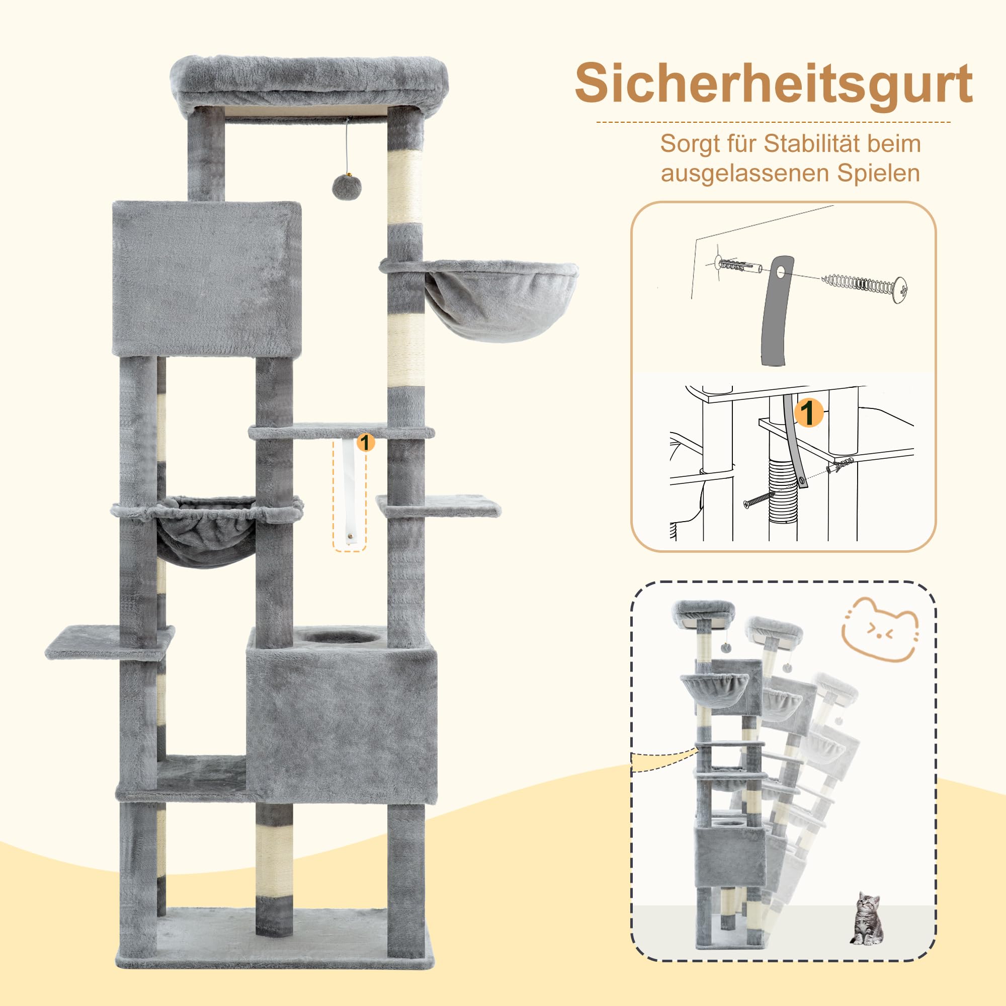 Heybly Kratzbaum Groß, 193 cm Hoch Kratzbaum Grosse Katzen Stabil, Inklusive 2 Katzenhäuschen, Einer Hängematte, Einem Katzenkorb und 10 Sisal-Kratzstämmen, Hellgrau HCT039W