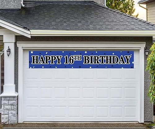 Miniatura 3 de Cartel grande de feliz cumpleaños 16, letrero azul para fiesta de cumpleaños de 16 años, suministros para decoración de fiesta de cumpleaños 16 (9.8