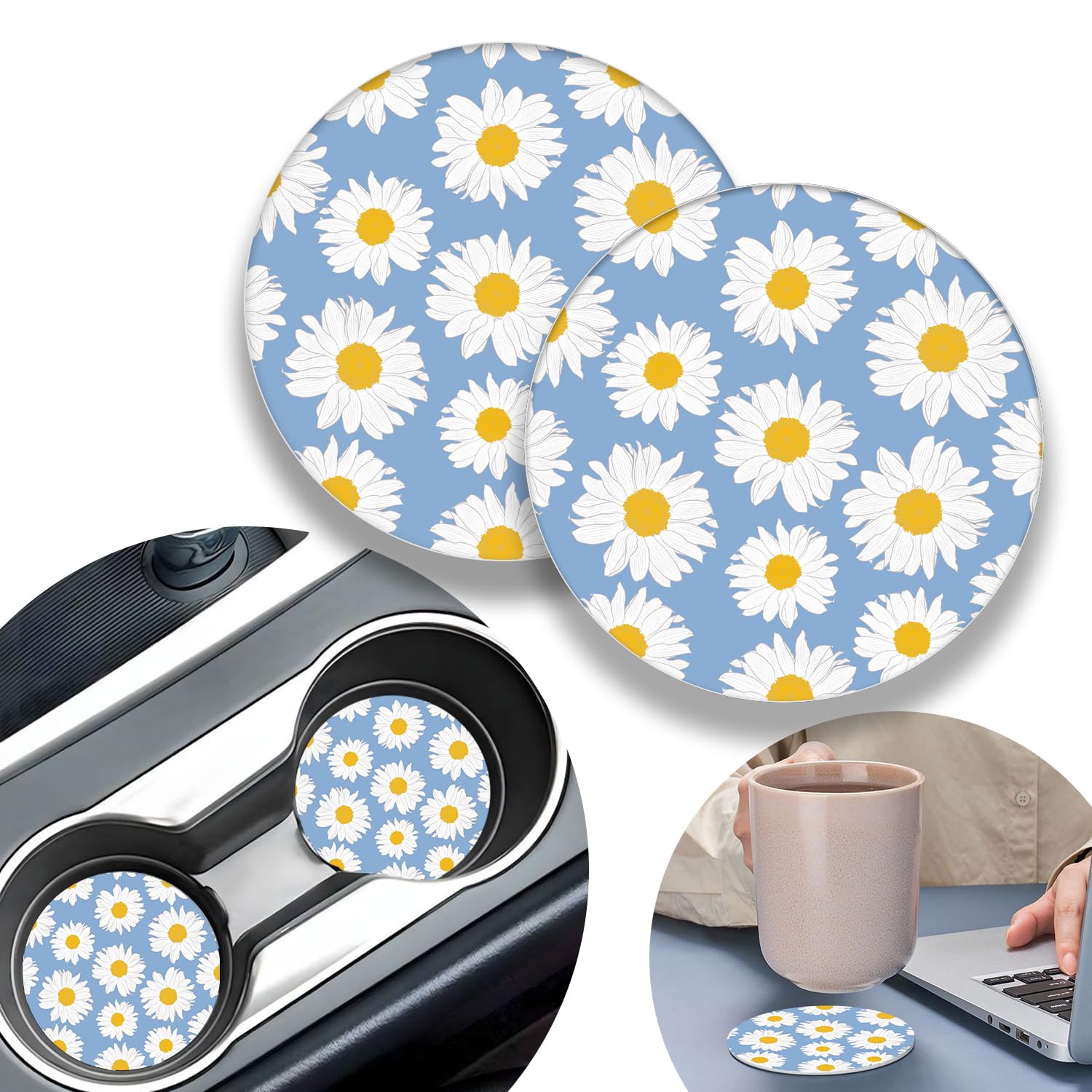 2 Pack Daisy Flower Car Coasters,2.75 Inch Car Cup Holder,Universal Rubber Anti-Slip Automotive Drink Soft Cup Mat,Car Interior Accessories for Women