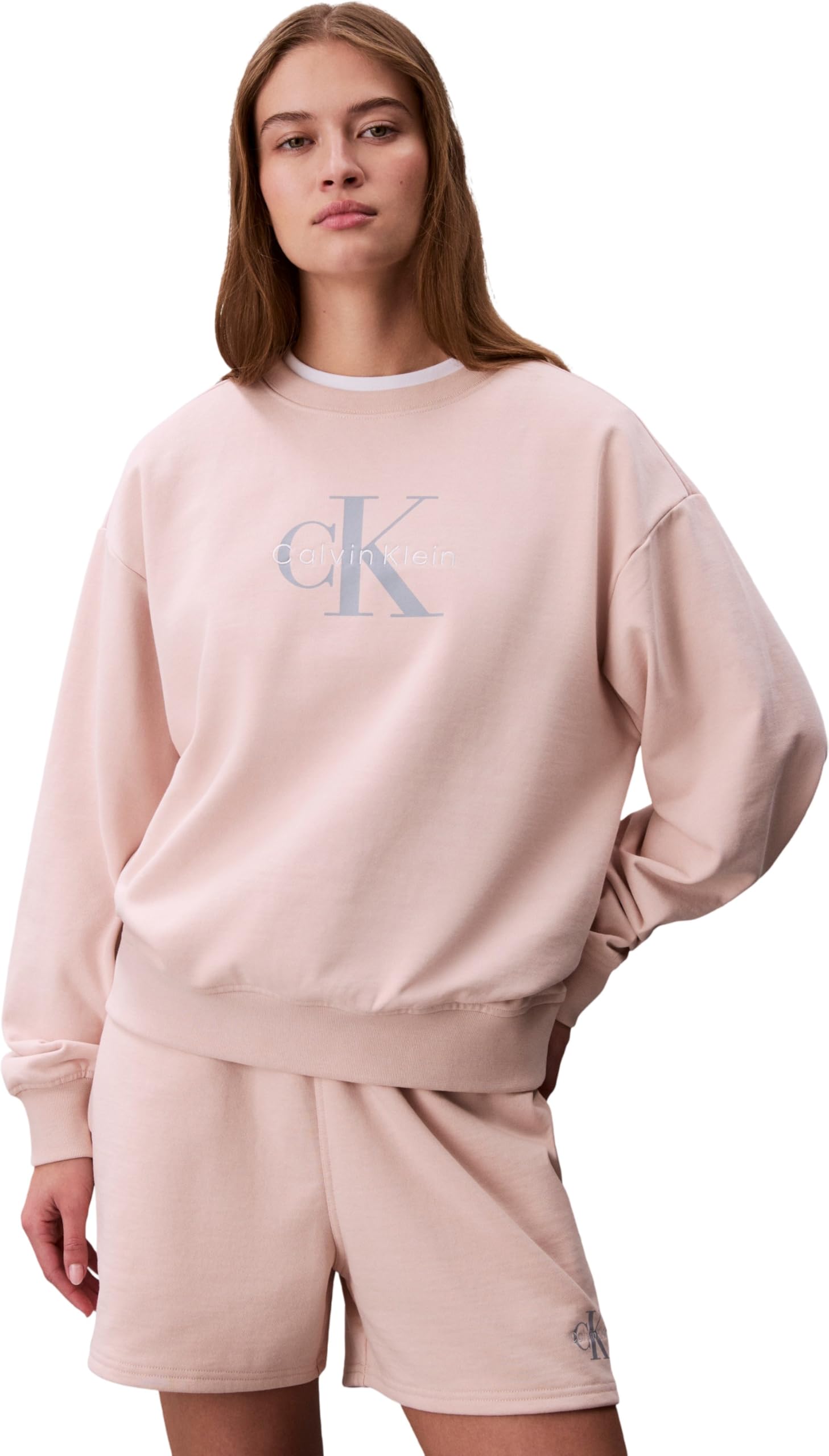 Calvin Klein Women's Orange (Buff Beige) ’S Round Neck Monologo French Terry Sweatshirt, Black (Buff Beige), M