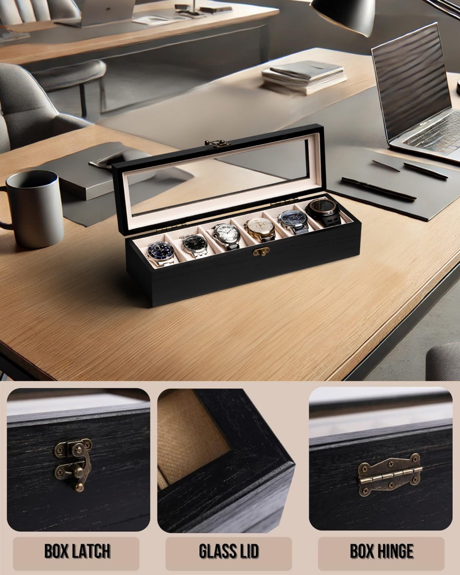 Exper City Watch Box, Watch Case for Men Women with Large Glass Lid, Wooden Watch Display Storage Box with 6 - Slots, Charcoal Black Mens Watch Box Organizer