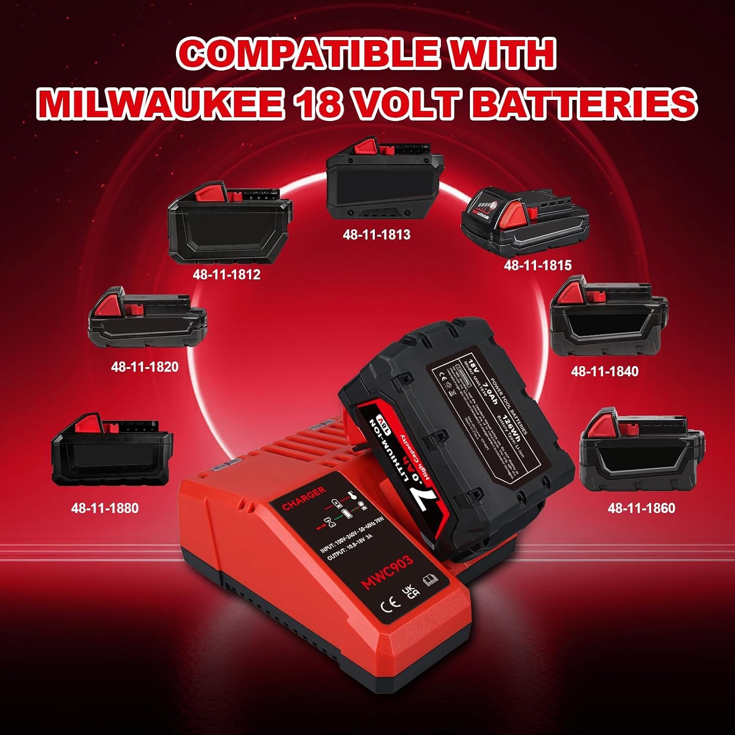 2Pack 7000mAh Replacement for Milwaukee 18V Battery and 12-18C Charger Combo Fast Charging Compatible with Milwaukee Lithium Ion Battery 48-11-1860 48-11-1850 48-11-1820 48-11-1840 48-11-1828