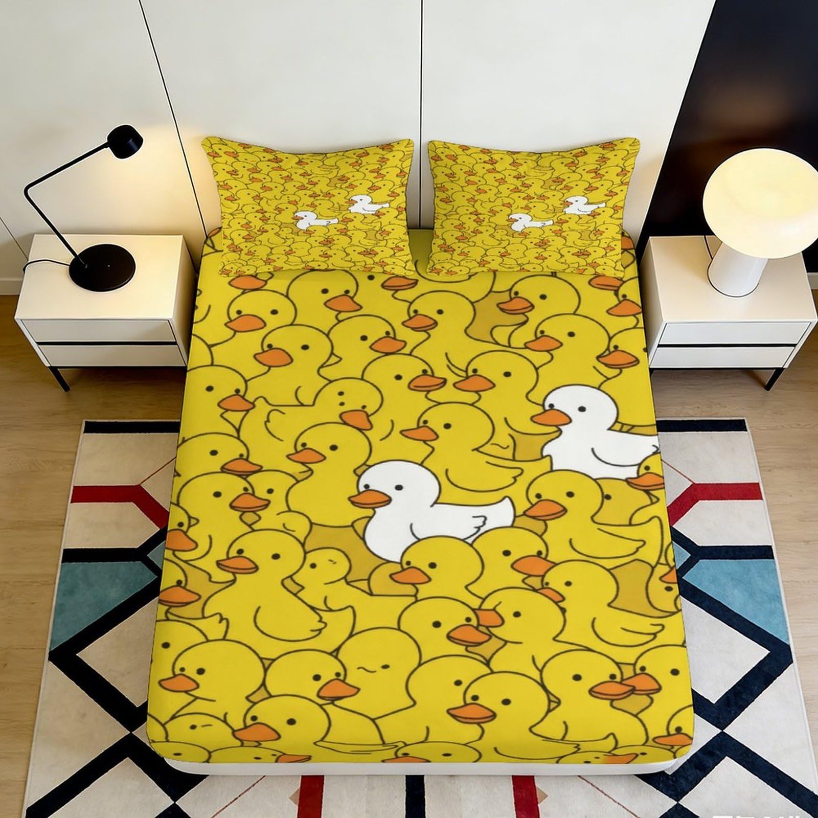 3D Printed Yellow Duck Cartoon Fitted Sheet Microfiber Soft Non-Slip Bed Cover for Bedroom Dorm Mattress Protection 180x200x25cm