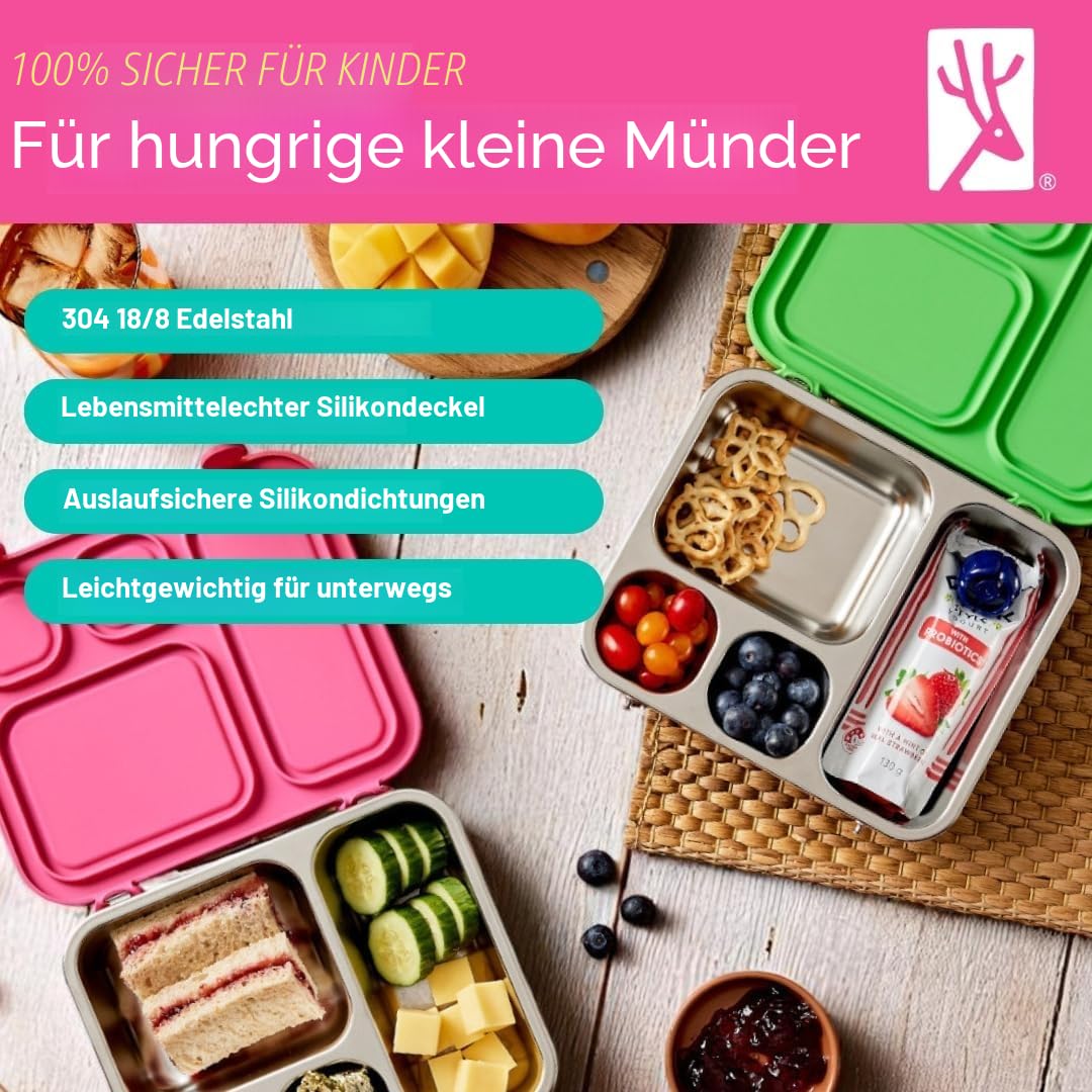Elk and Friends Kinder Bento-Box aus Edelstahl mit Silikondeckel | Auslaufsicher | Brotdose für Kleinkinder | 4 Fächer | Spülmaschinenfest