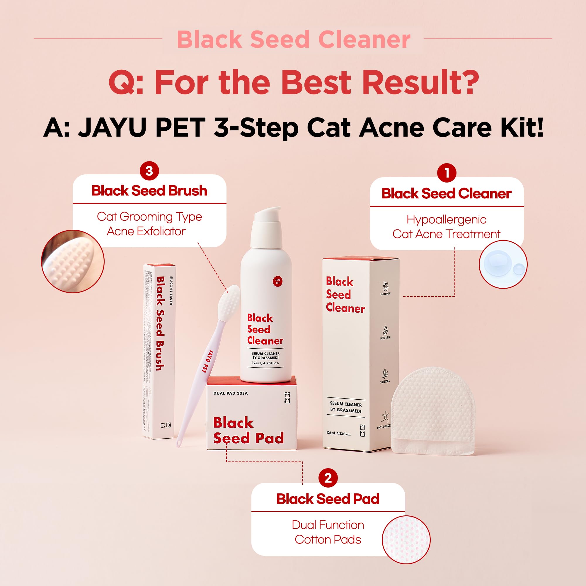 JAYU PET Black Seed Cleaner - Trattamento per l'acne del Mento del Gatto, detergente ipoallergenico Non tossico, 4,2 FL.oz (125 ml)