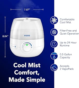 Vicks Mini Filter Free Cool Mist Humidifier, Small Room Variable Mist Control Works with Vicks VapoPads