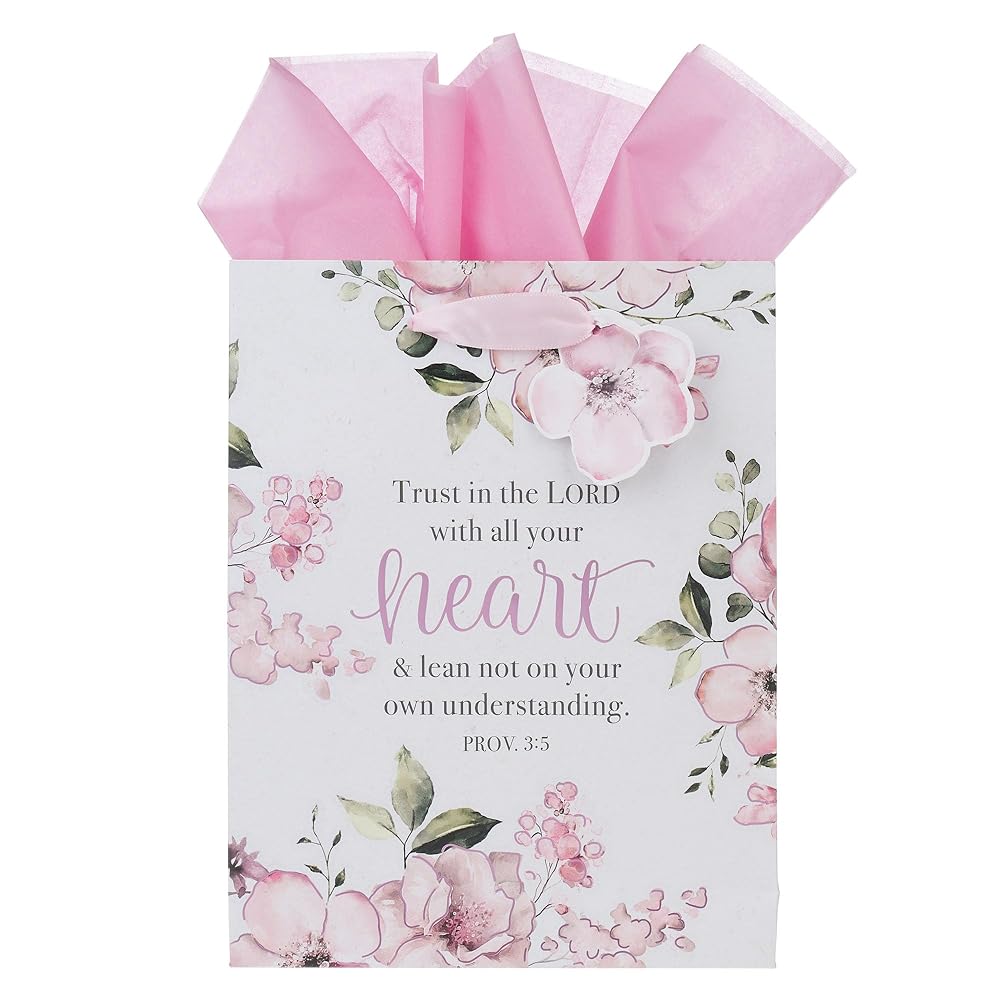 Christian Art Gifts Gift Bag/Tissue Paper Set Trust In The Lord Proverbs 3:5 Bible Verse, Pink, Medium