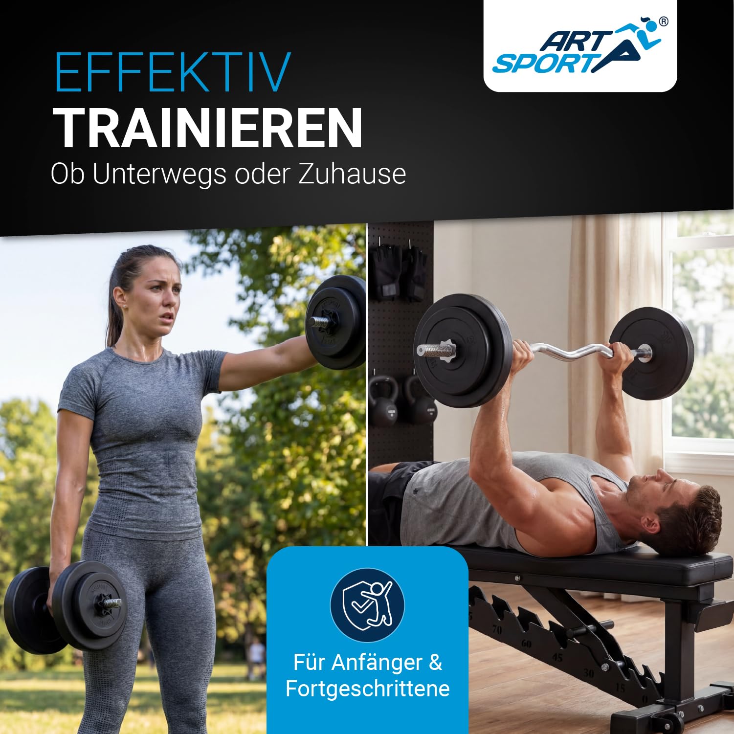 ArtSport® 3in1 Hantelset mit 2 Kurzhanteln, 1 Langhantel & 1 SZ Curlhantel - 12 Gewichte mit 60kg und Sternverschlüssen - Hantel Set Krafttraining