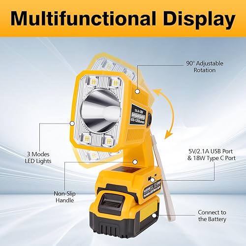 Miniatura 4 de Linterna de luz de trabajo LED compatible con batería DeWalt de 20 V, 18 W 2000 lúmenes, luz portátil con puerto USB de 5 V 2.1 A para campamento,