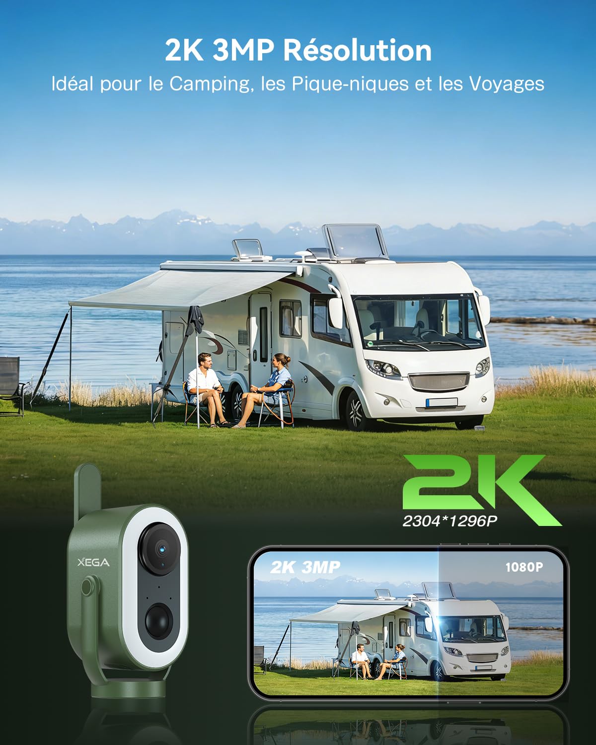 Xega 4G LTE Caméra Surveillance Magnétique avec Carte SIM Portable | 2K HD Caméra de Surveillance 6,000mAh Batterie PIR Détection Humaine pour RV/Camping/Voyage IP65