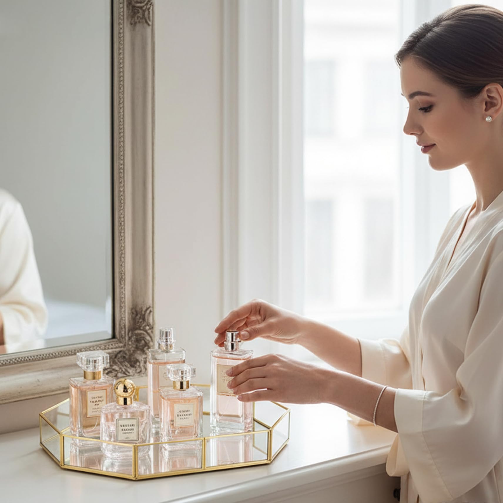 Bandeja geométrica con Espejo, bandejas de Perfume de 12, 4 Pulgadas con Marco Dorado para Almacenamiento de Joyas, Bandeja Decorativa Dorada para baño y Dormitorio.