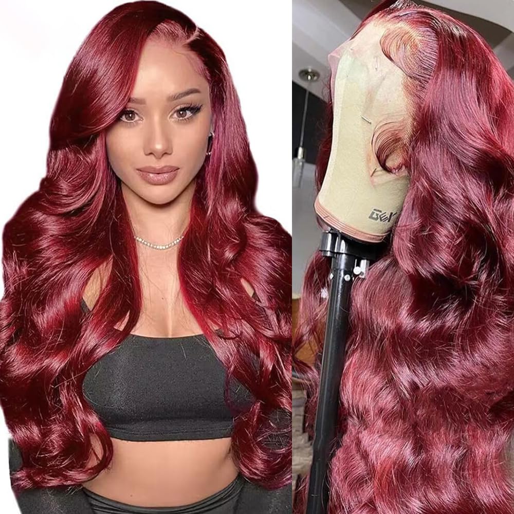 Burgundy Body Wave Lace Front Wigs Human Hair 200% Density Hd Transparent 13x4 99j Glueless Frontal Wig Pre Plucked with Baby Hair 24 Inch Wine Red Wigs for Women Brazilian Virgin Hair Colored Wig