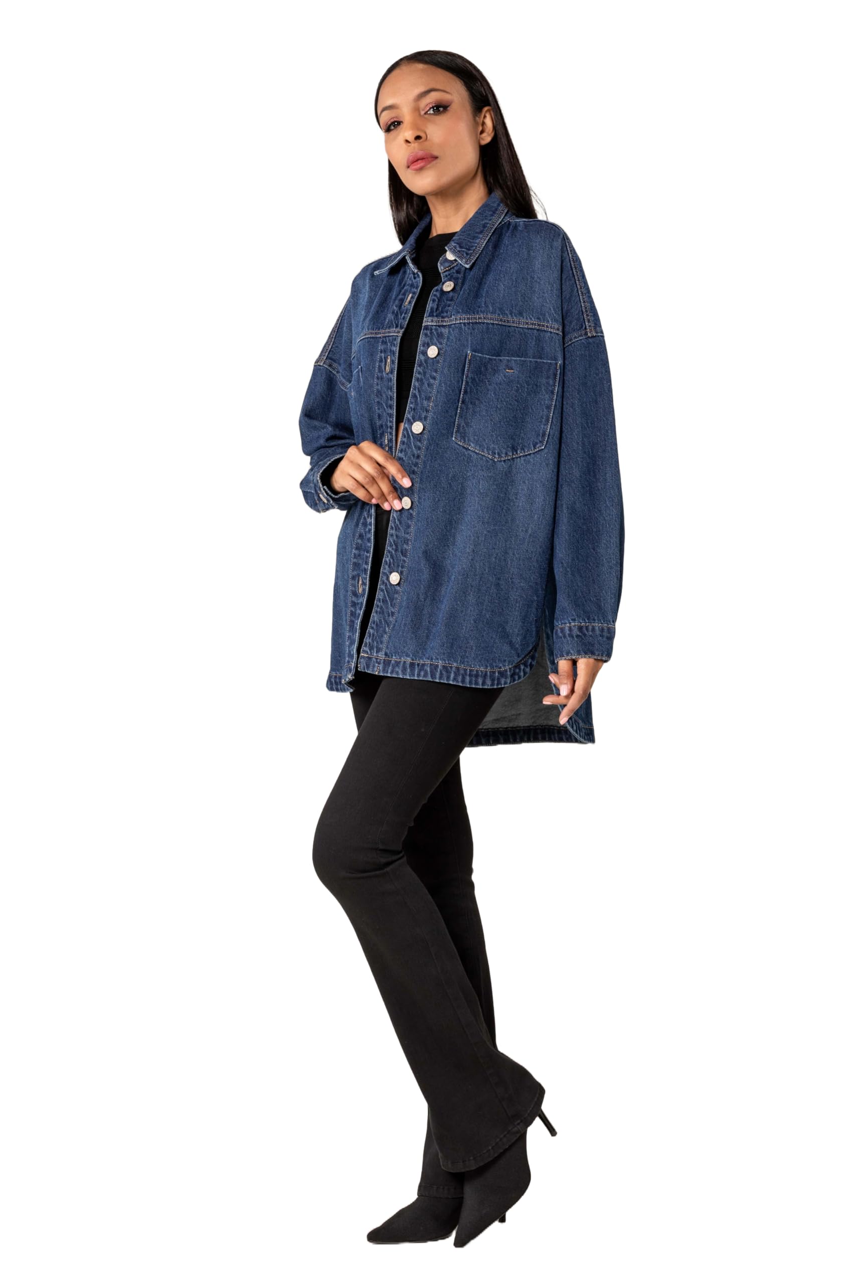 Nina Carter S539 Camisa vaquera de gran tamaño para mujer, chaqueta vaquera ligera, chaqueta de entretiempo, chaqueta de camisa con efecto de lavado, aspecto desgastado, informal