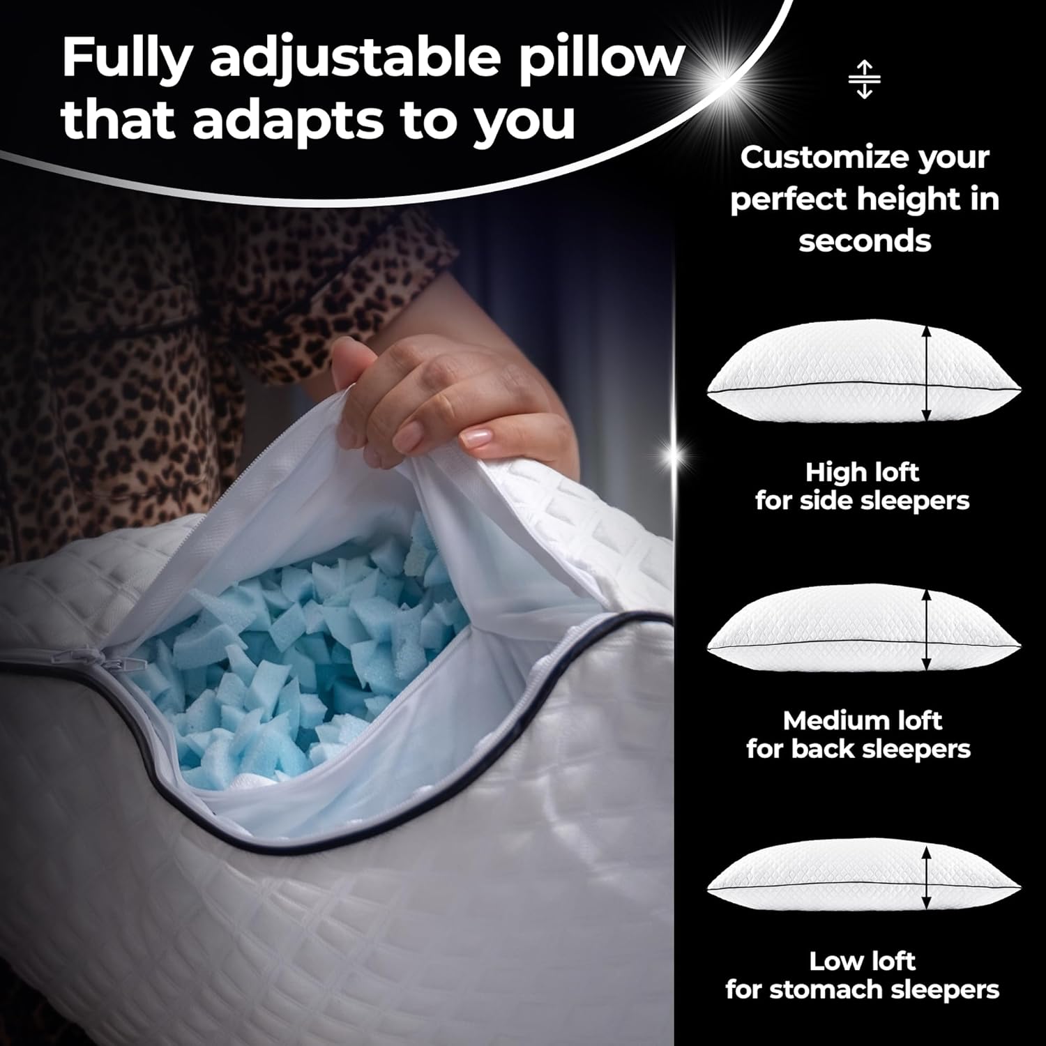 Silvery Silver Infused Bed Pillow - Shredded Memory Foam Fill with Adjustable Loft - Hypoallergenic Self-Cleaning Technology that Stays Fresh 3X Longer - Perfect for Side, Back & Stomach Sleepers