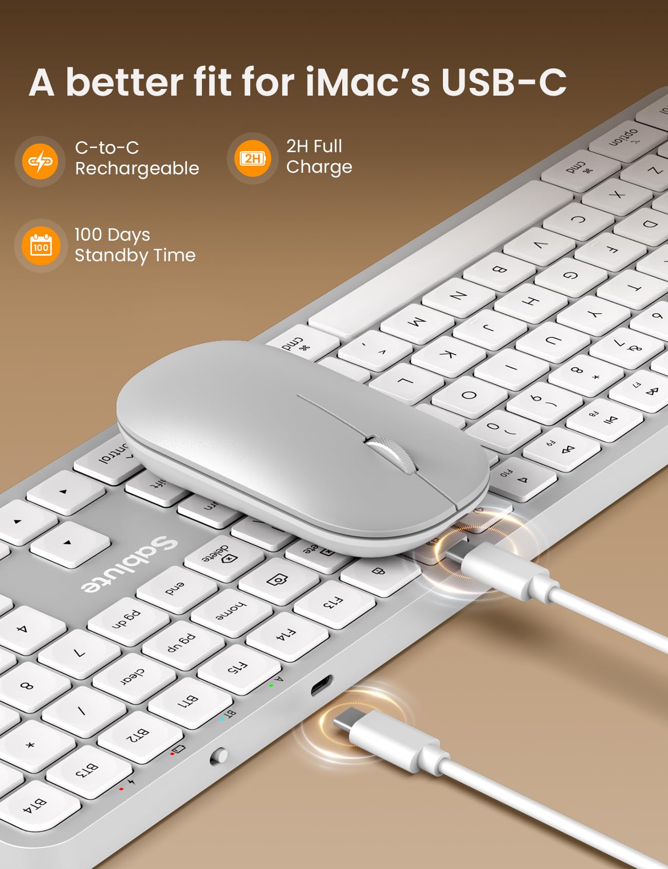 SABLUTE Teclado y mouse Bluetooth para Mac, combo de teclado inalámbrico recargable para múltiples dispositivos, textura metálica, tamaño completo para MacBook Pro/Air, iMac, iPad (blanco plateado)