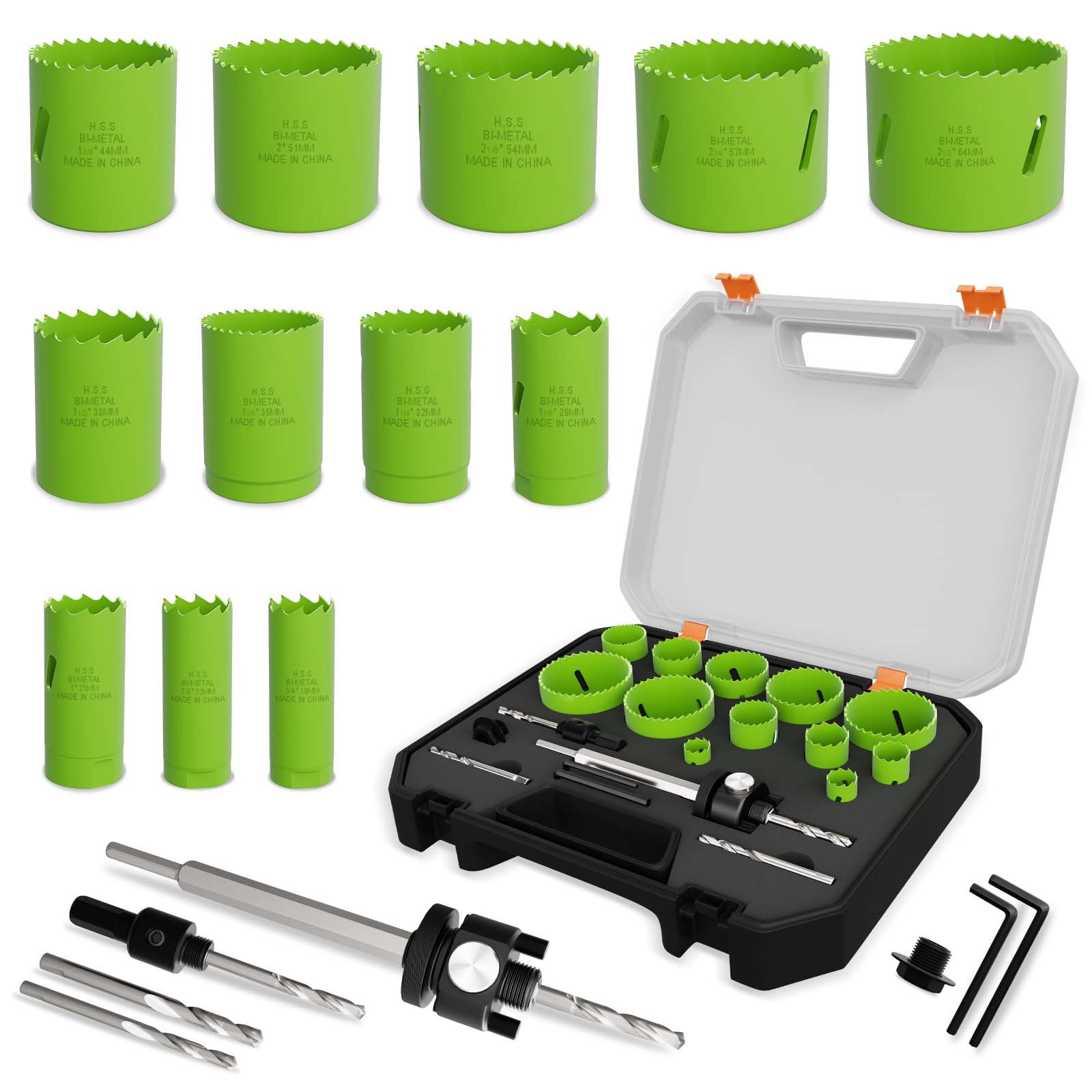 Kit di 19 seghe a tazza bimetalliche con rimozione rapida del nucleo in dimensioni da 19 mm a 64 mm, per taglio professionale di legno, ferro sottile, PVC e plastica