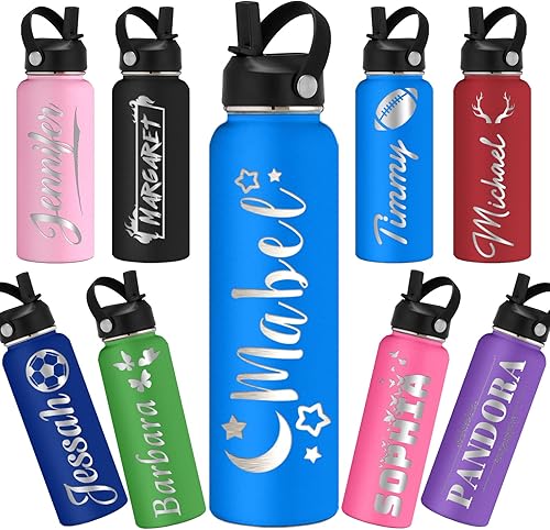 Botellas de agua personalizadas con tapa con pajilla, botellas de agua deportivas grabadas de 24 onzas con nombre, logotipo, monograma para la