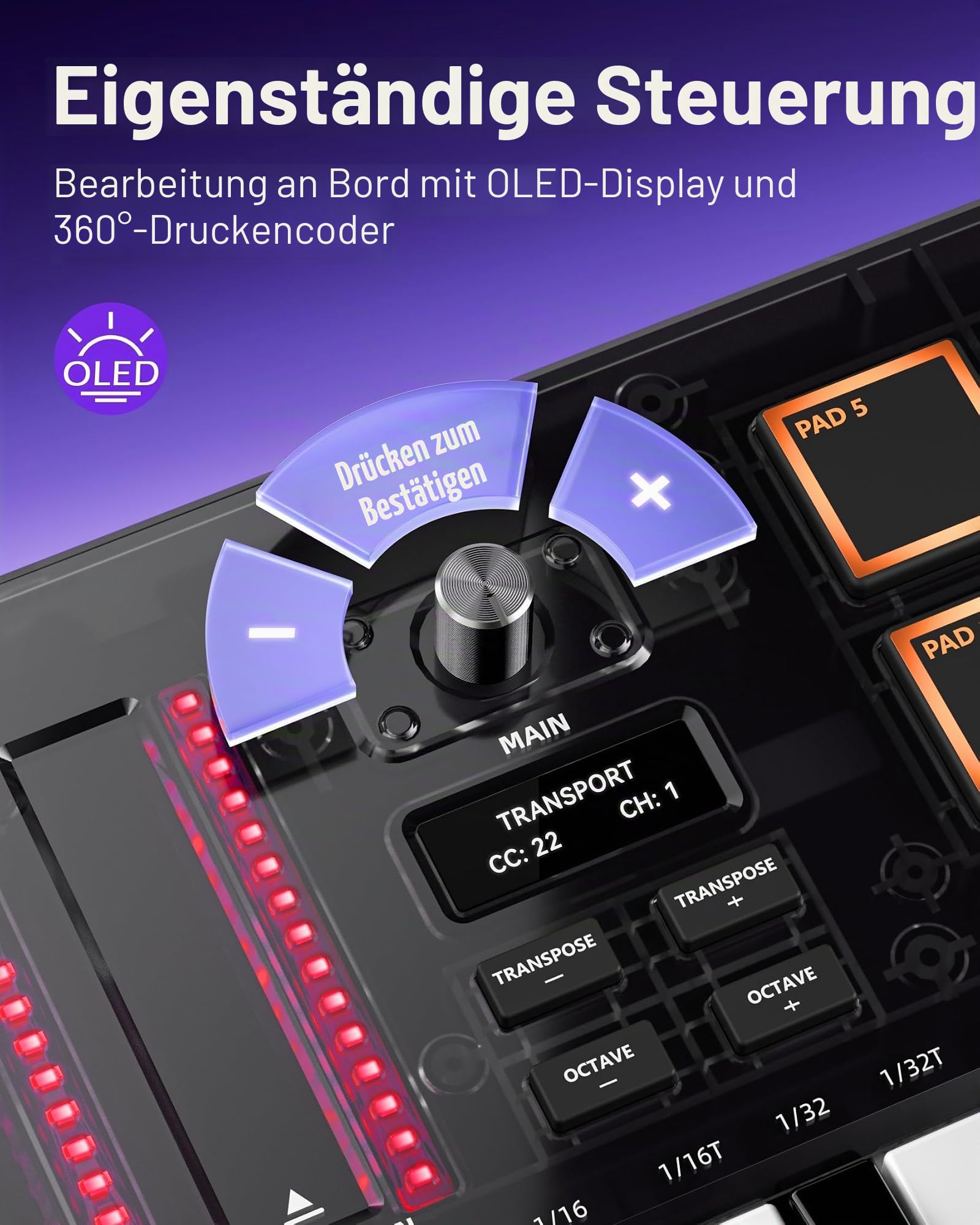 Synido TempoKEY K25 USB C MIDI Keyboard Controller Mit 25 Breiten Tasten, Tiefem Tastenhub Und Anschlagdynamischen Tasten, 8 RGB-Drum-Pads, OLED-Display, Transportsteuerung, Touch Streifen, Arpeggiato