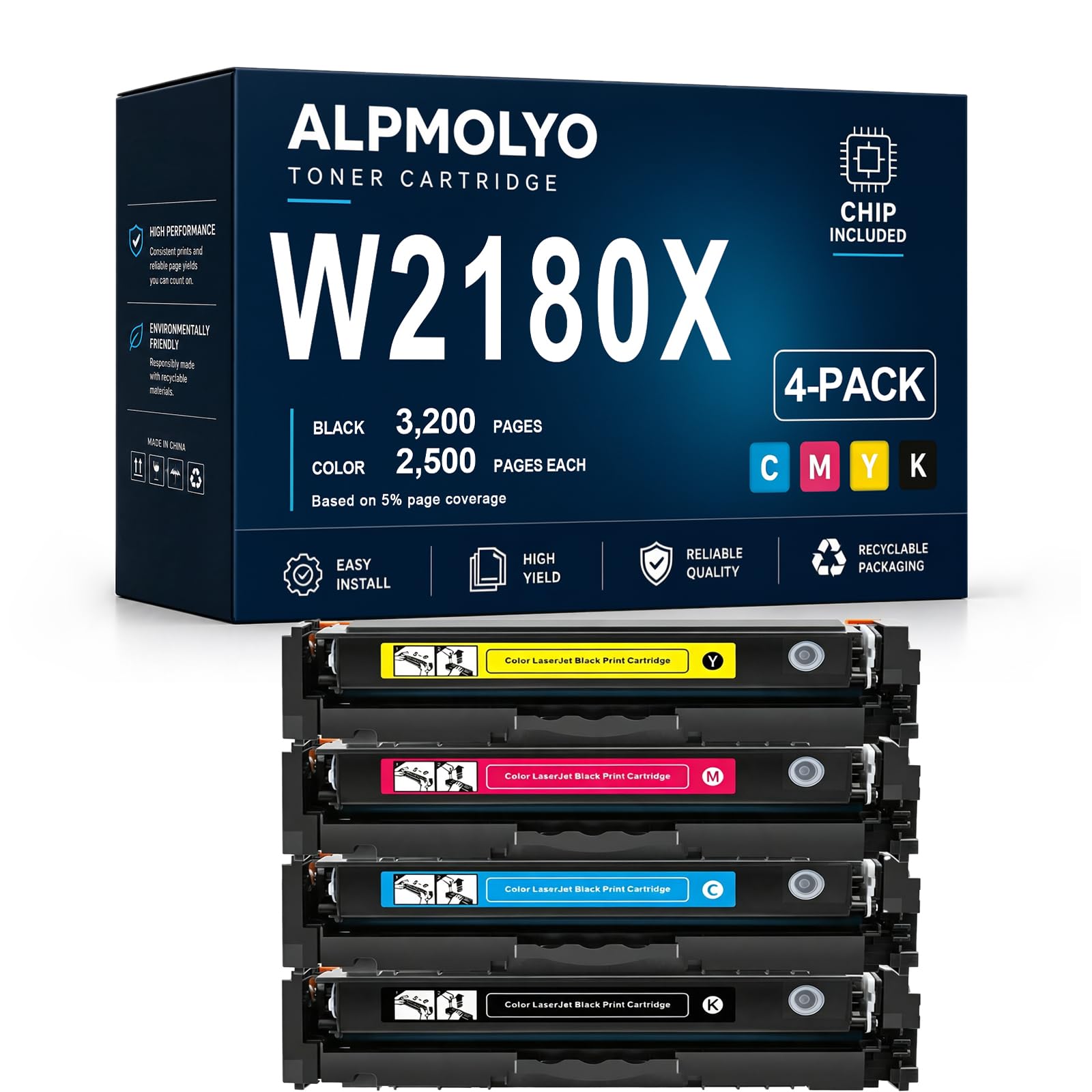 Sostituzione della cartuccia di toner ad alto rendimento W2180X per W2180X W2181X W2183X W2182X 218X, compatibile con HP LaserJet Pro3201dw MFP 3301cdw 3301fdw 3301sdw, con chip ,Black Cyan Magenta Ye