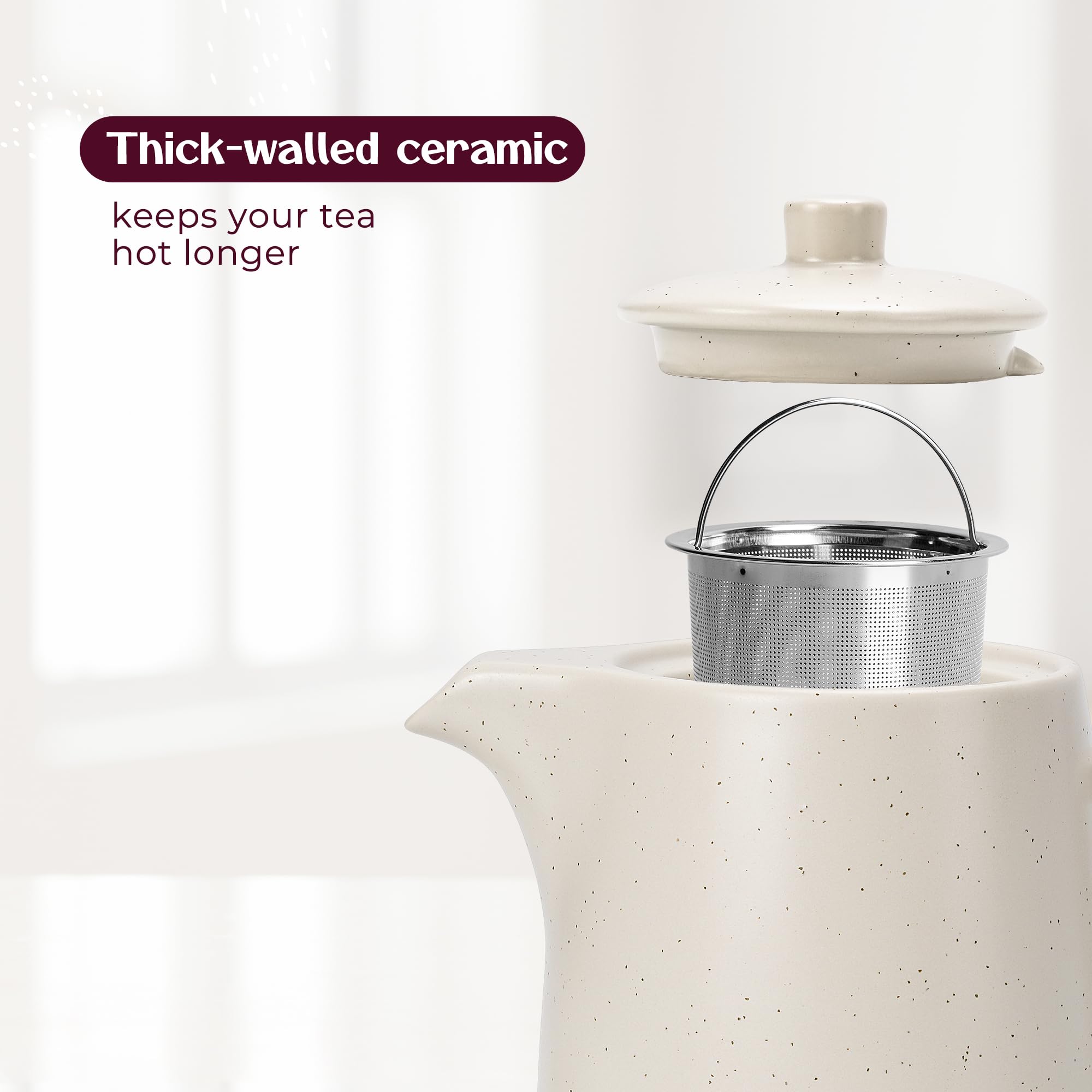 Teekanne mit Siebeinsatz - 1,2 l - Keramik Teekanne Schwarz (Anthrazit) - Teapot - Tee Zubehör - Tea Pot - Steingut Teezubereiter für Losen Tee (Beige)