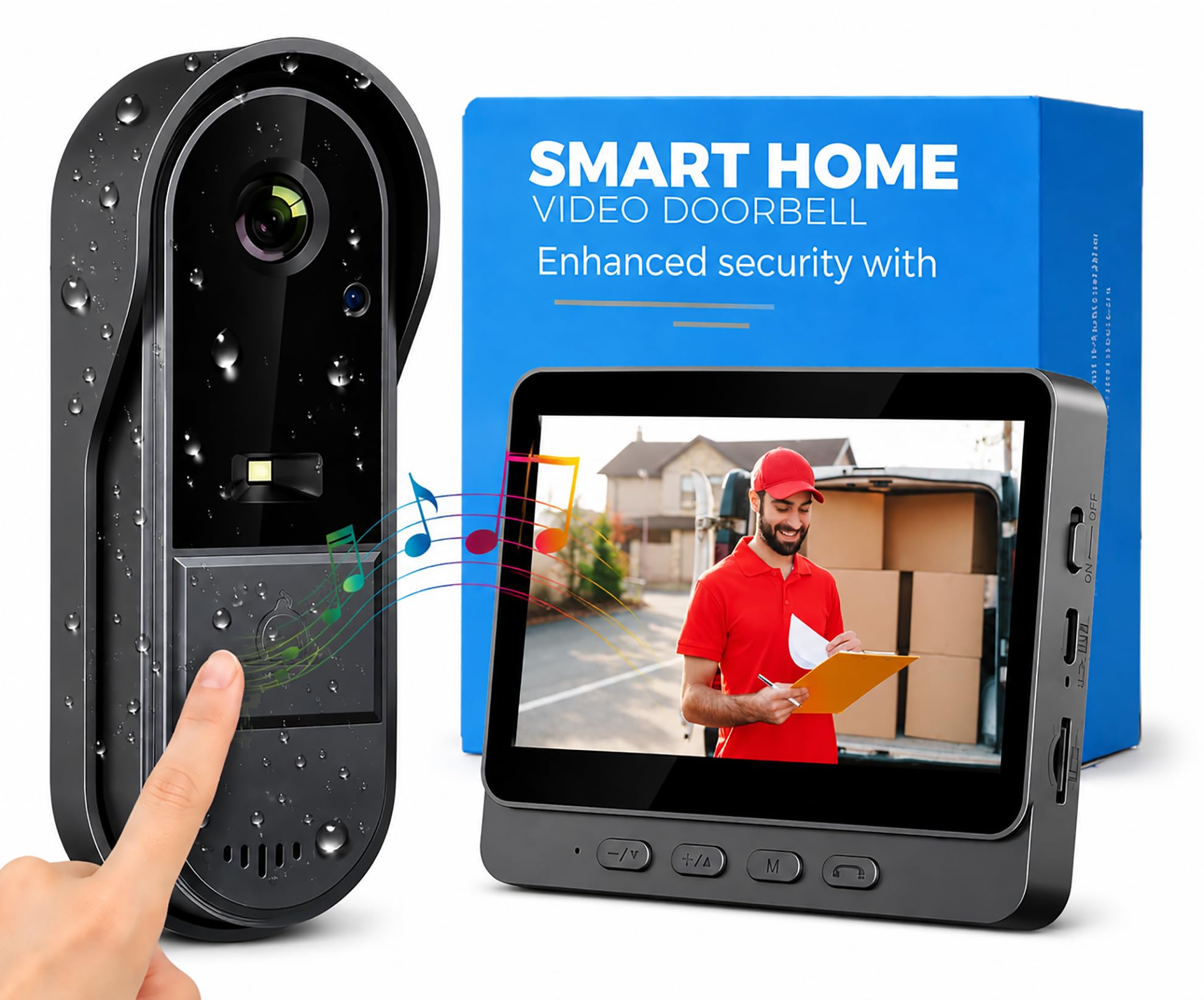 Drahtlose Video Türklingel mit Kamera Outdoor IP65 Wasserdicht 1080P kabellose Türklingel 4,3 Zoll IPS Bildschirm Türklingel Funk 170° HD Kamera Gegensprechanlage Infrarot Nachtsicht Zwei-Wege-Audio