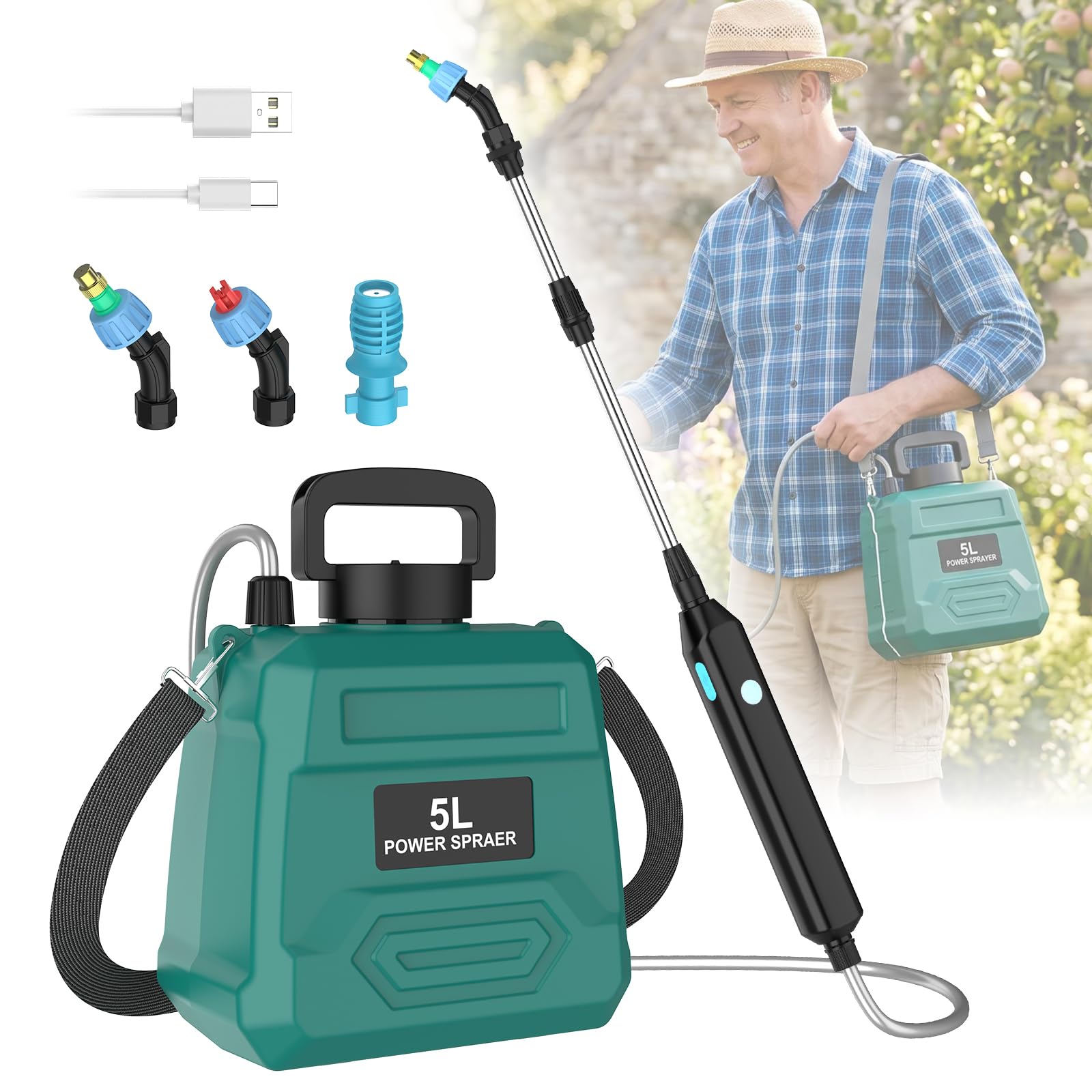 Pulvérisateur électrique 5L 1800mAh Rechargeable Jardin avec Buses Télescopique Vert