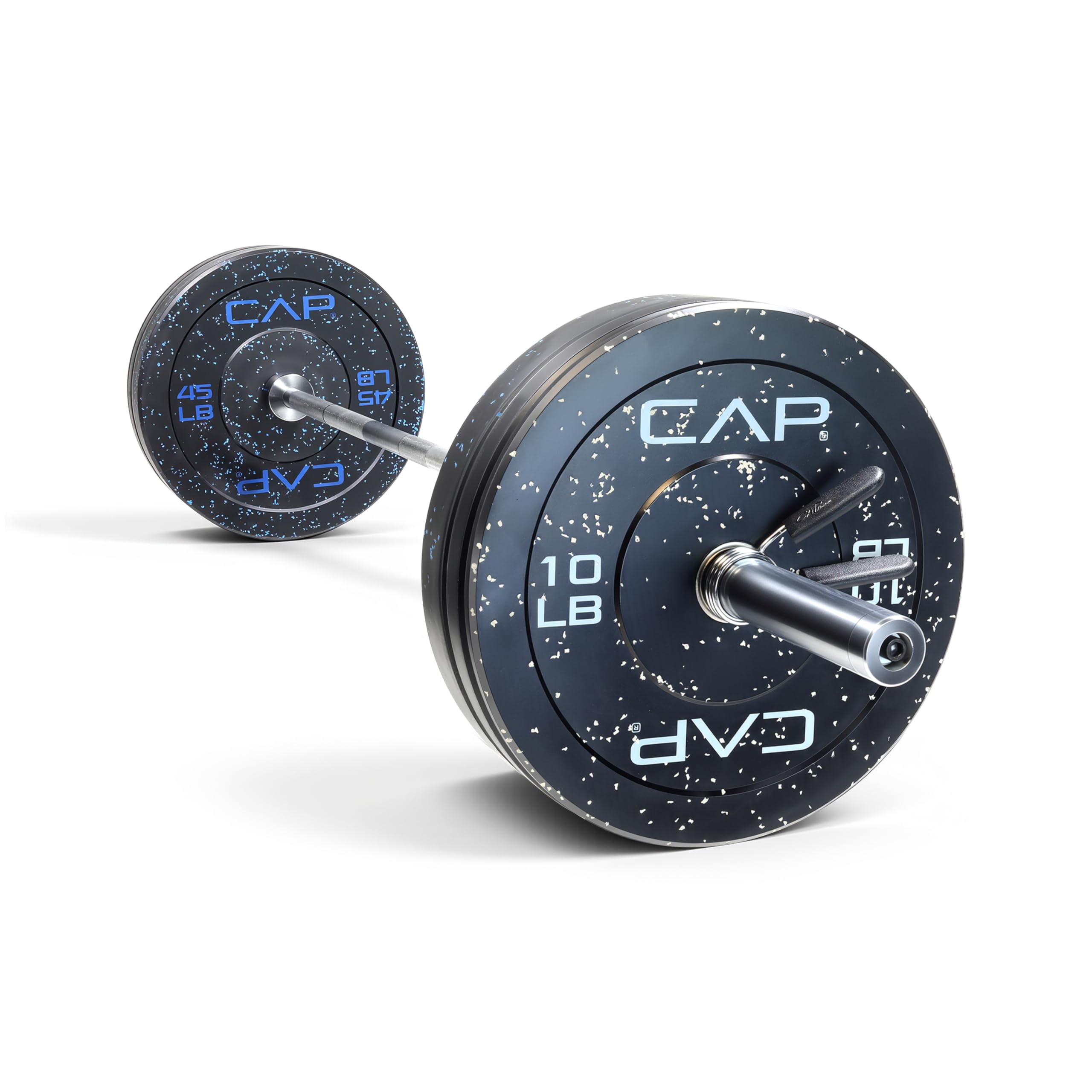 CAP Barbell 160 lb Economy - Speckled Olympic Weight Set with 7ft Chrome Barbell &amp; Black Bumper Plates with Color Logo