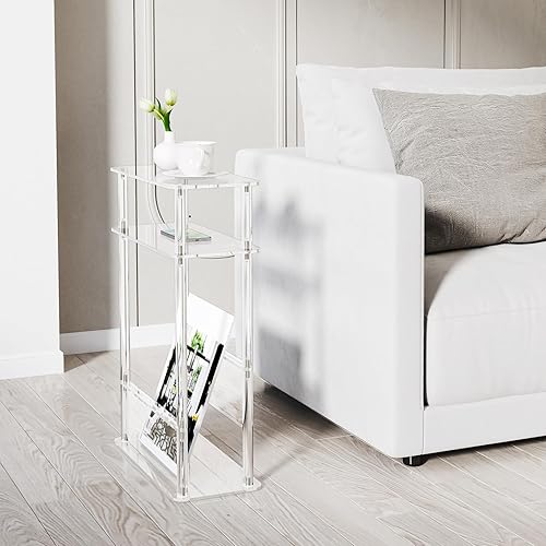 Miniatura 2 de HMYHUM Mesa auxiliar estrecha de acrílico para espacios pequeños con soporte para revista, mesita de noche pequeña lateral delgada para sala de