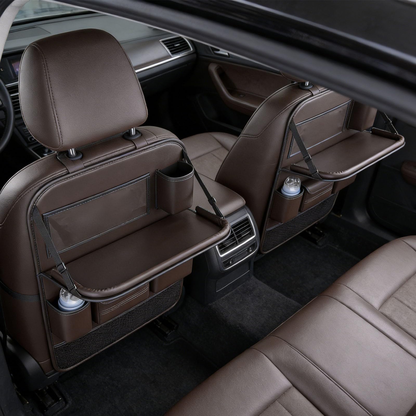 Organizador de asiento trasero de coche con bandeja de mesa plegable, soporte para tablet y alfombrillas para patadas, paquete de 2 accesorios de viaje de ajuste universal para la mayoría de los