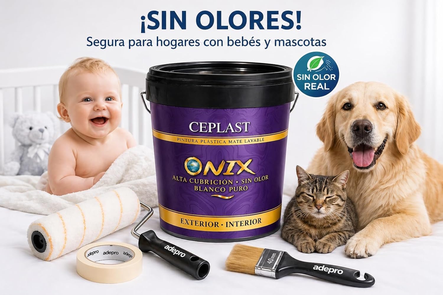 CEPLAST Kit Completo de Pintura ONIX Blanco 4L para Interior – Sin Olor, Alta Cobertura, con Rodillo, Cubeta, Papel Kraft y Accesorios para Pintar Casa Fácil