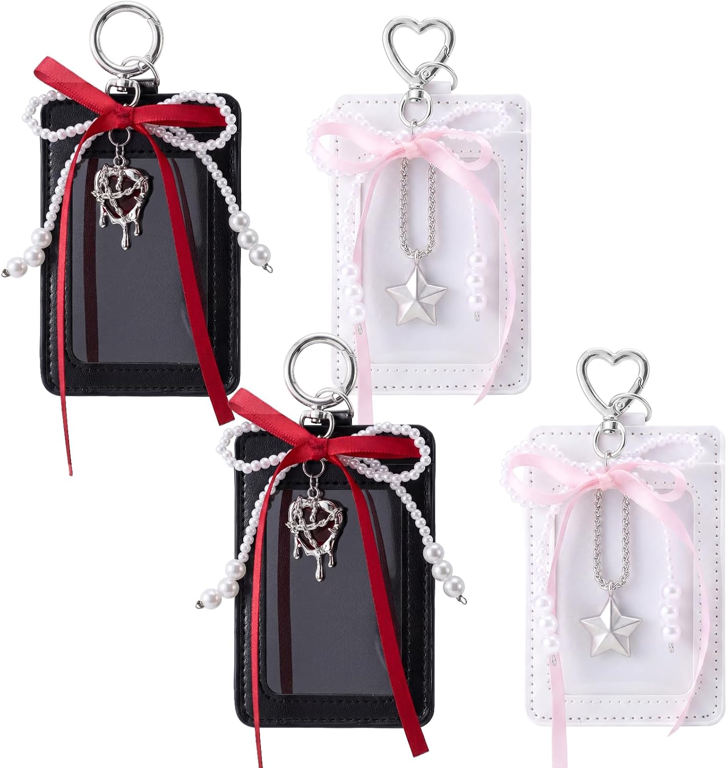 Geyoga 4 Sets Kpop Photocard Holder Keychain Cute Badge Holders, Pearl